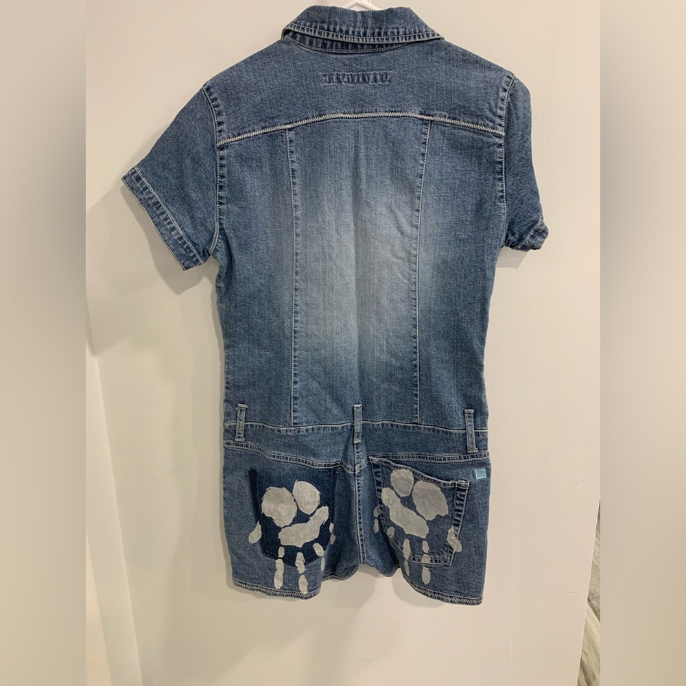 Azzure Denim Jumpsuit Shorts with Frayed Patch Accent - Picture 11 of 14